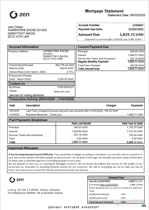 Download Ukraine ZEN mortgage statement in Word and PDF formats Photoshop template